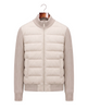 Cream hybrid bomber with quilted body and ribbed knit sleeves, front view on hanger