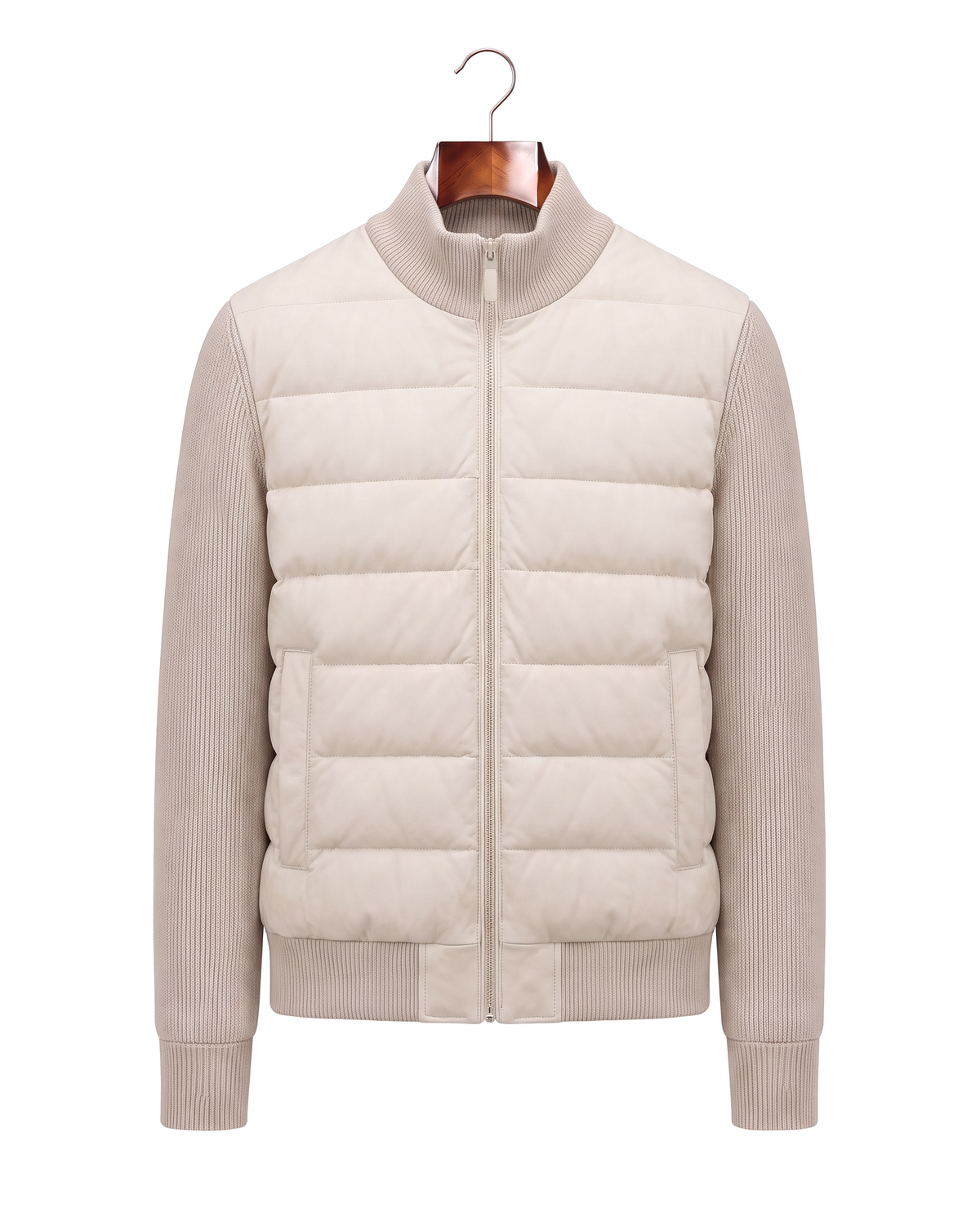 Cream hybrid bomber with quilted body and ribbed knit sleeves, front view on hanger
