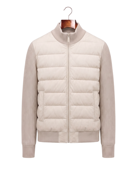 Cream hybrid bomber with quilted body and ribbed knit sleeves, front view on hanger