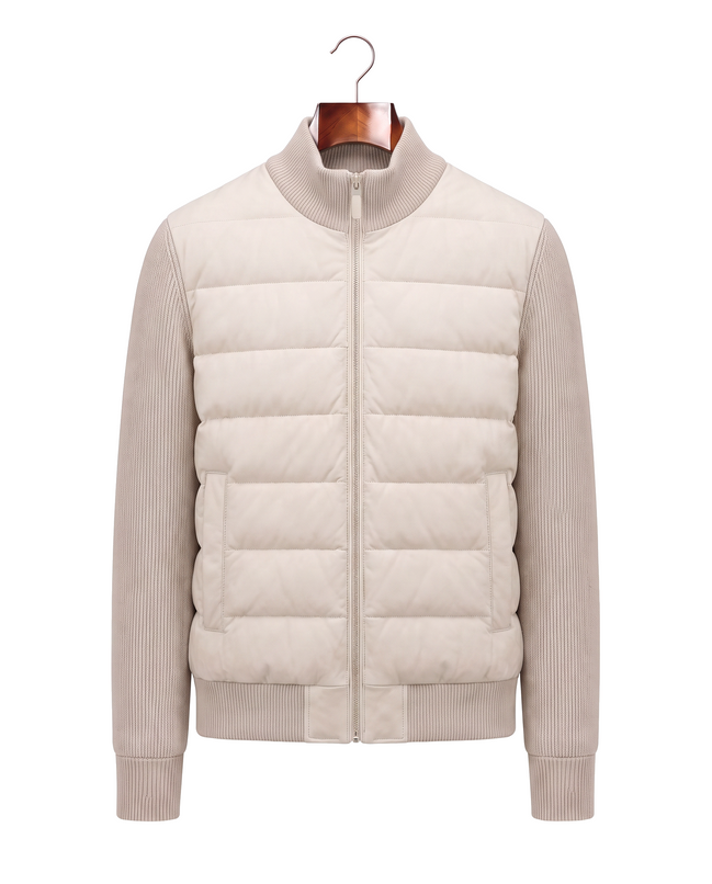 Cream hybrid bomber with quilted body and ribbed knit sleeves, front view on hanger