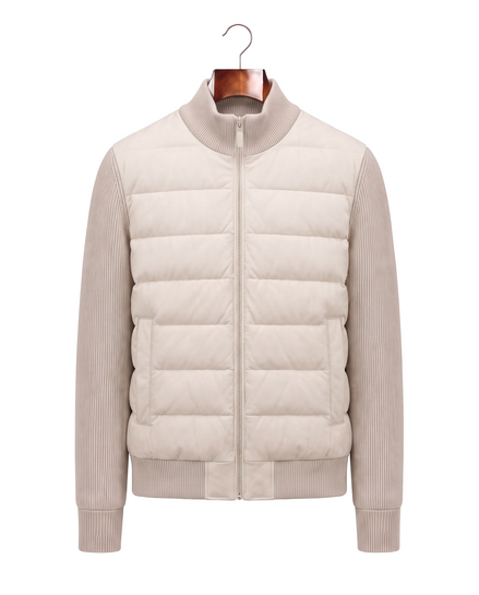 Cream hybrid bomber with quilted body and ribbed knit sleeves, front view on hanger