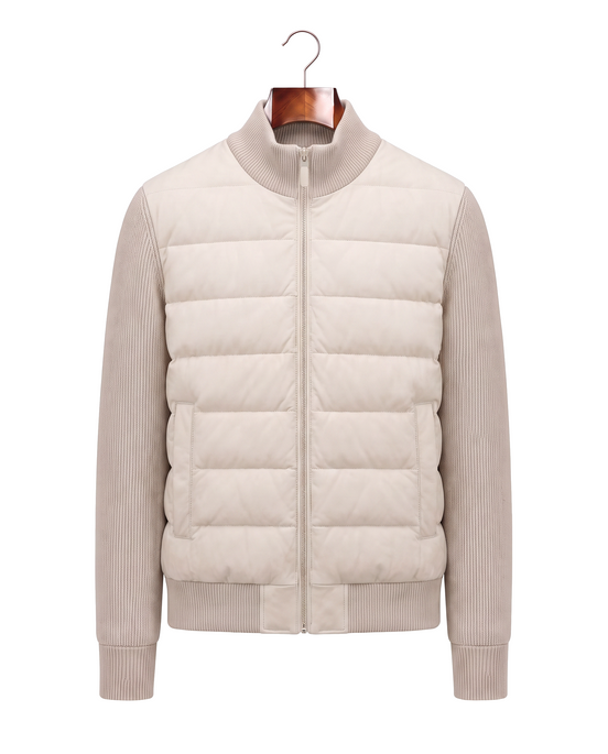 Cream hybrid bomber with quilted body and ribbed knit sleeves, front view on hanger