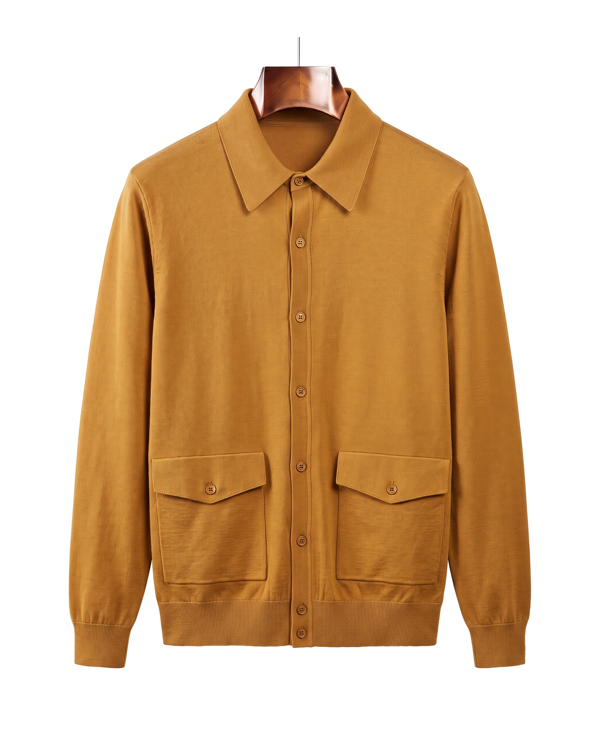 The Fairhaven knitted shirt jacket, front on hanger