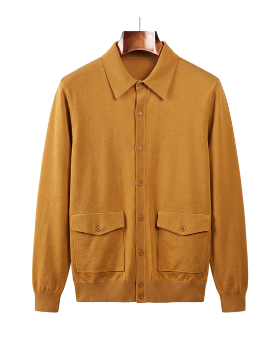 The Fairhaven knitted shirt jacket, front on hanger