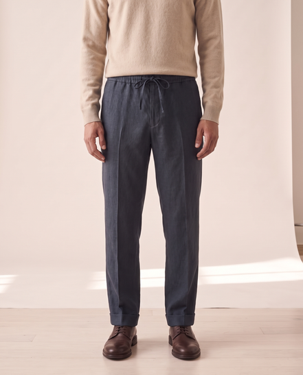 Model wearing The Cranleigh drawstring trousers, front view