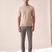 Model wearing The Aldwych cashmere tee, front view