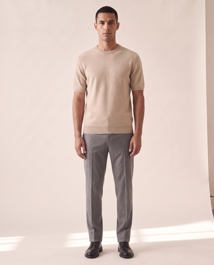 Model wearing The Aldwych cashmere tee, front view