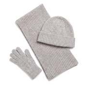 The Ravensdale merino scarf, beanie and glove set laid out, front