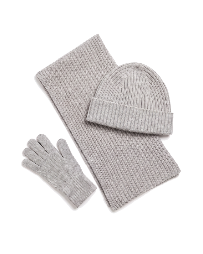 The Ravensdale merino scarf, beanie and glove set laid out, front