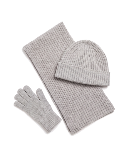 The Ravensdale merino scarf, beanie and glove set laid out, front