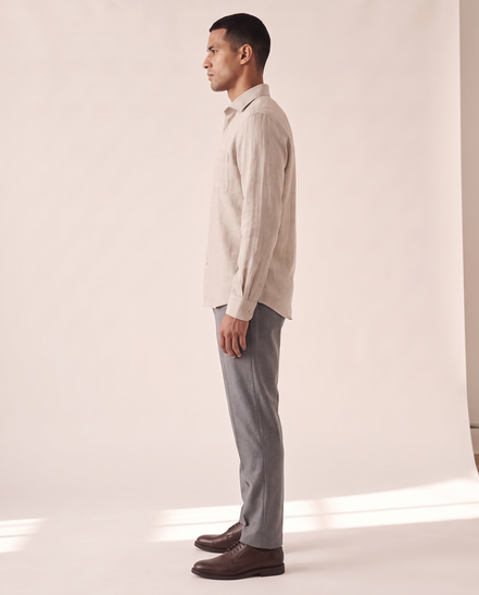 The Salcombe linen shirt shown in side profile