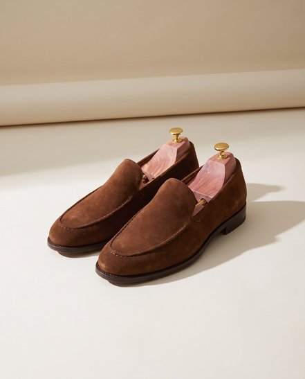 Cedar shoe trees shown inserted in a pair of suede loafers