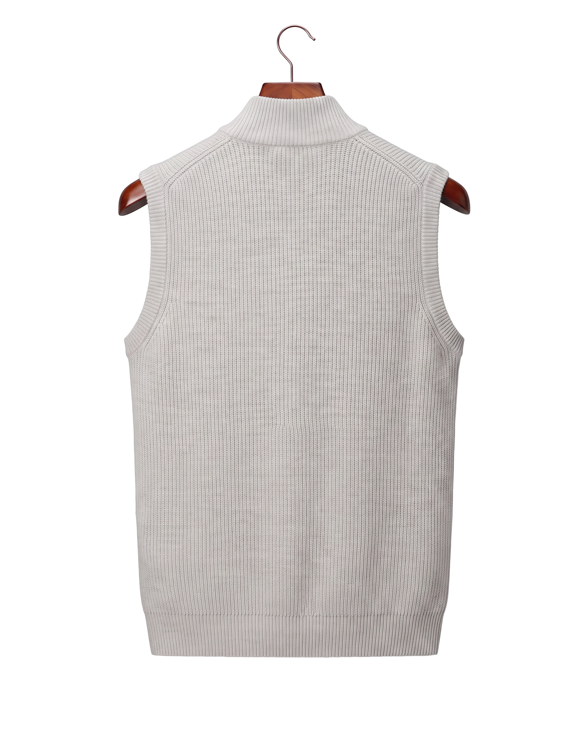 The Hartley sleeveless zip gilet, back view on a mahogany hanger