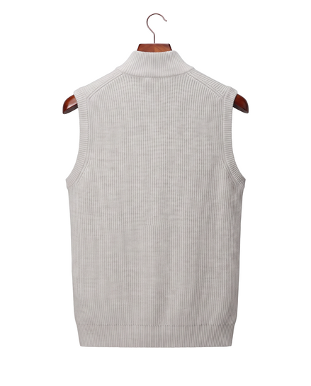 The Hartley sleeveless zip gilet, back view on a mahogany hanger