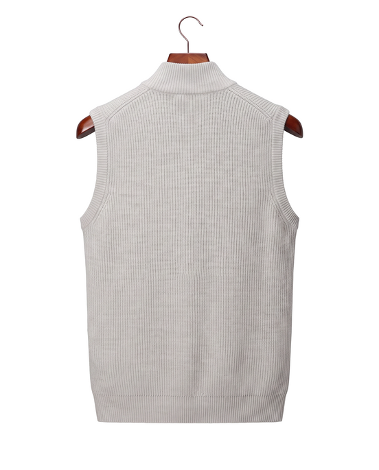 The Hartley sleeveless zip gilet, back view on a mahogany hanger
