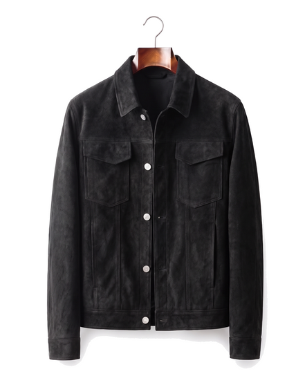The Mayfair — Suede Trucker Jacket — Coal Black