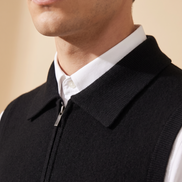 Close-up of The Windsor gilet folded ribbed collar