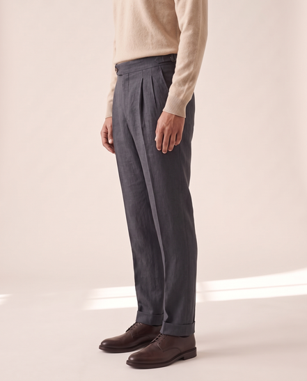 The Pembroke pleated trousers shown in side profile