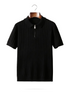 The Osborne ribbed zip polo in black, folded collar, front on hanger