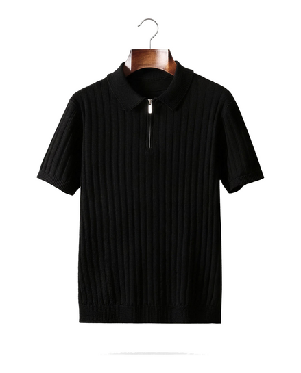 The Osborne ribbed zip polo in black, folded collar, front on hanger