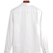 White linen camp-collar shirt, back view on hanger