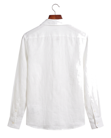 White linen camp-collar shirt, back view on hanger