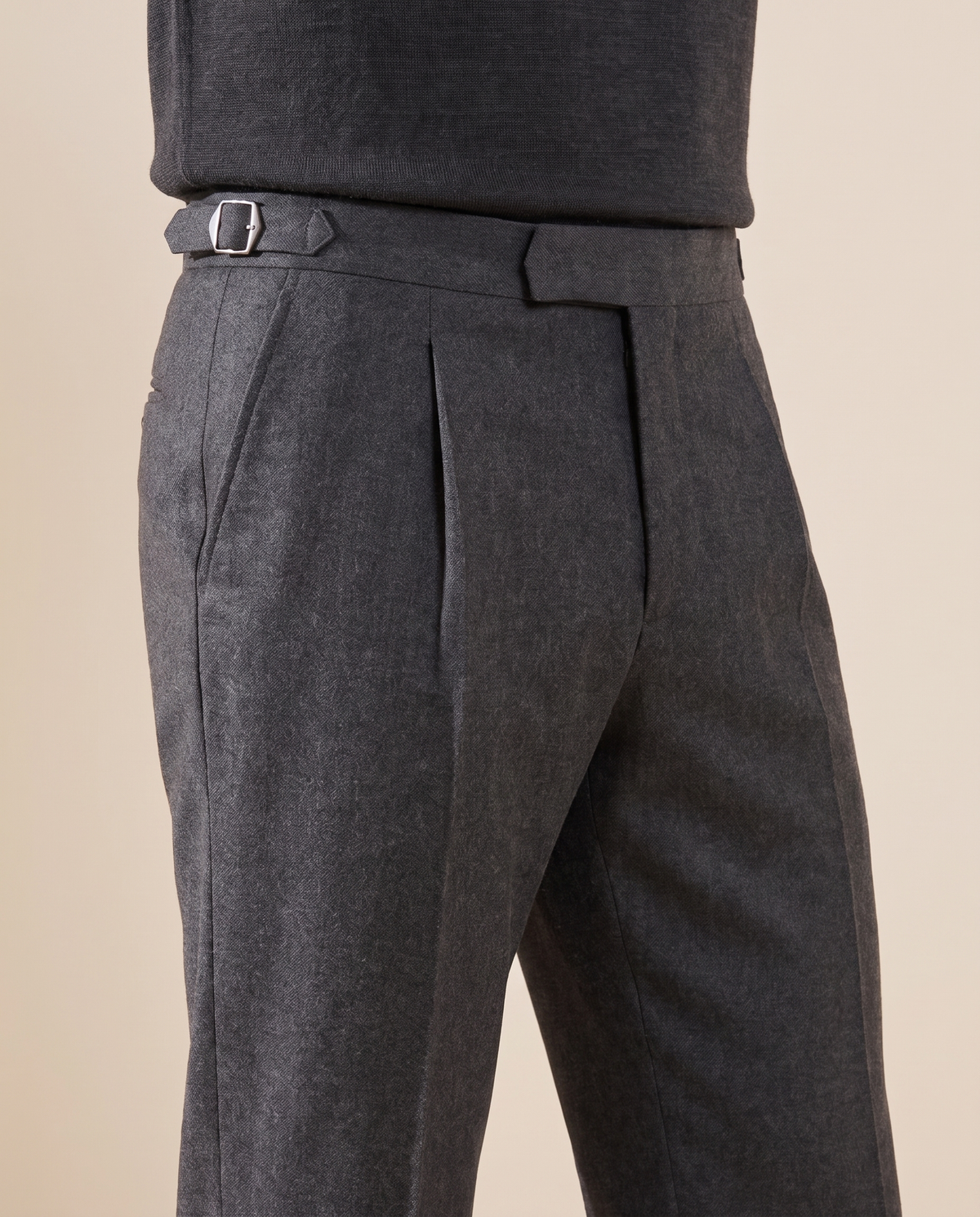 Close-up of the pleat and side adjuster on The Wentworth