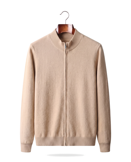 The Cavendish — Merino Zip Cardigan — Beige