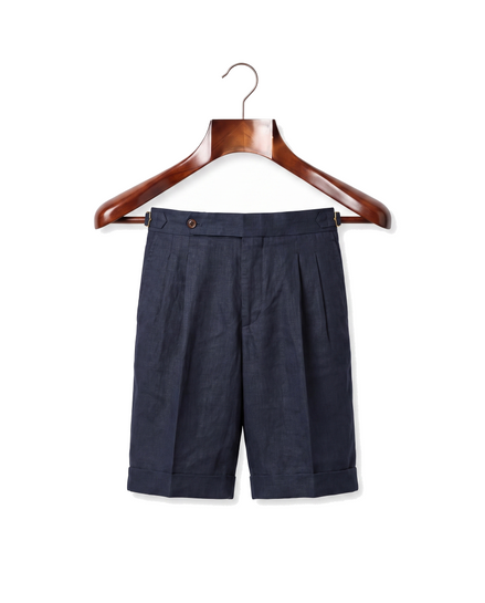 The Tenby — Pleated Linen Shorts, Navy — front
