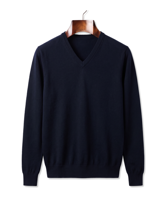 The Sandringham merino V-neck jumper, front on hanger