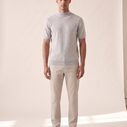 Model wearing The Denby cashmere mock neck tee, front view