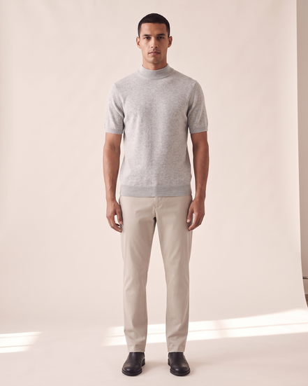 Model wearing The Denby cashmere mock neck tee, front view