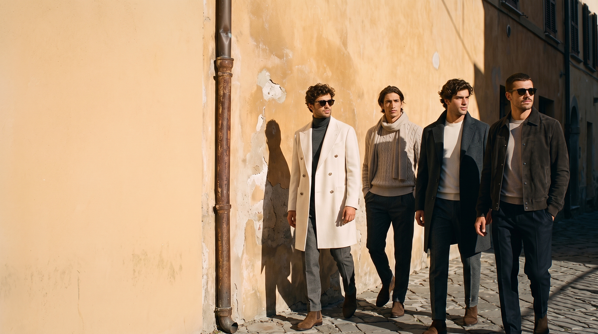 Four men in winter coats and knitwear walking a sunlit stone street