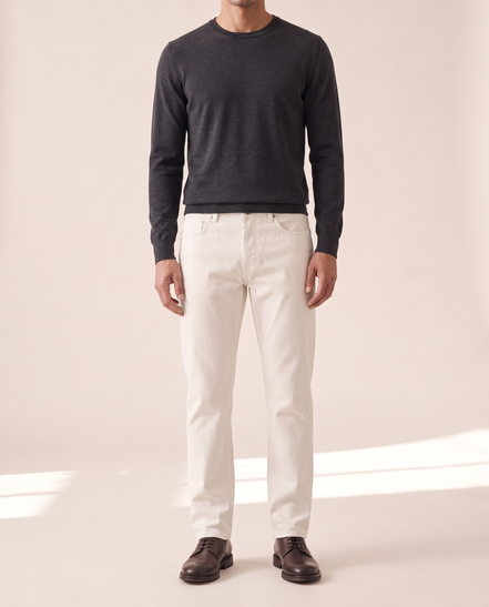 Model wearing The Arundel straight-leg denim, front view