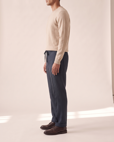The Cranleigh drawstring trousers shown in side profile