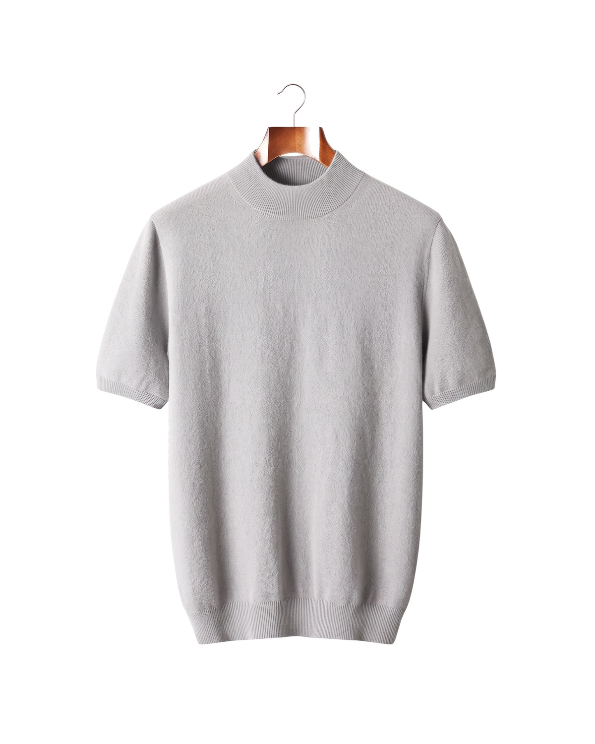 The Denby cashmere mock neck tee, front on hanger
