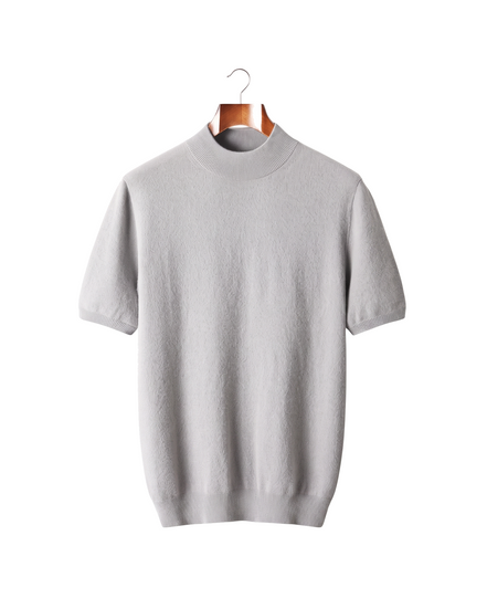 The Denby cashmere mock neck tee, front on hanger