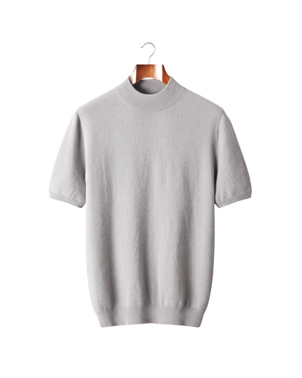 The Denby cashmere mock neck tee, front on hanger