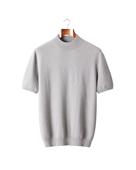 The Denby cashmere mock neck tee, front on hanger