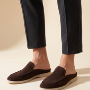 Model wearing the dark coffee brown suede mules with cropped trousers