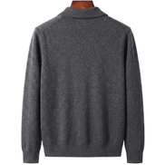 Grey cashmere full-zip cardigan, back view on hanger