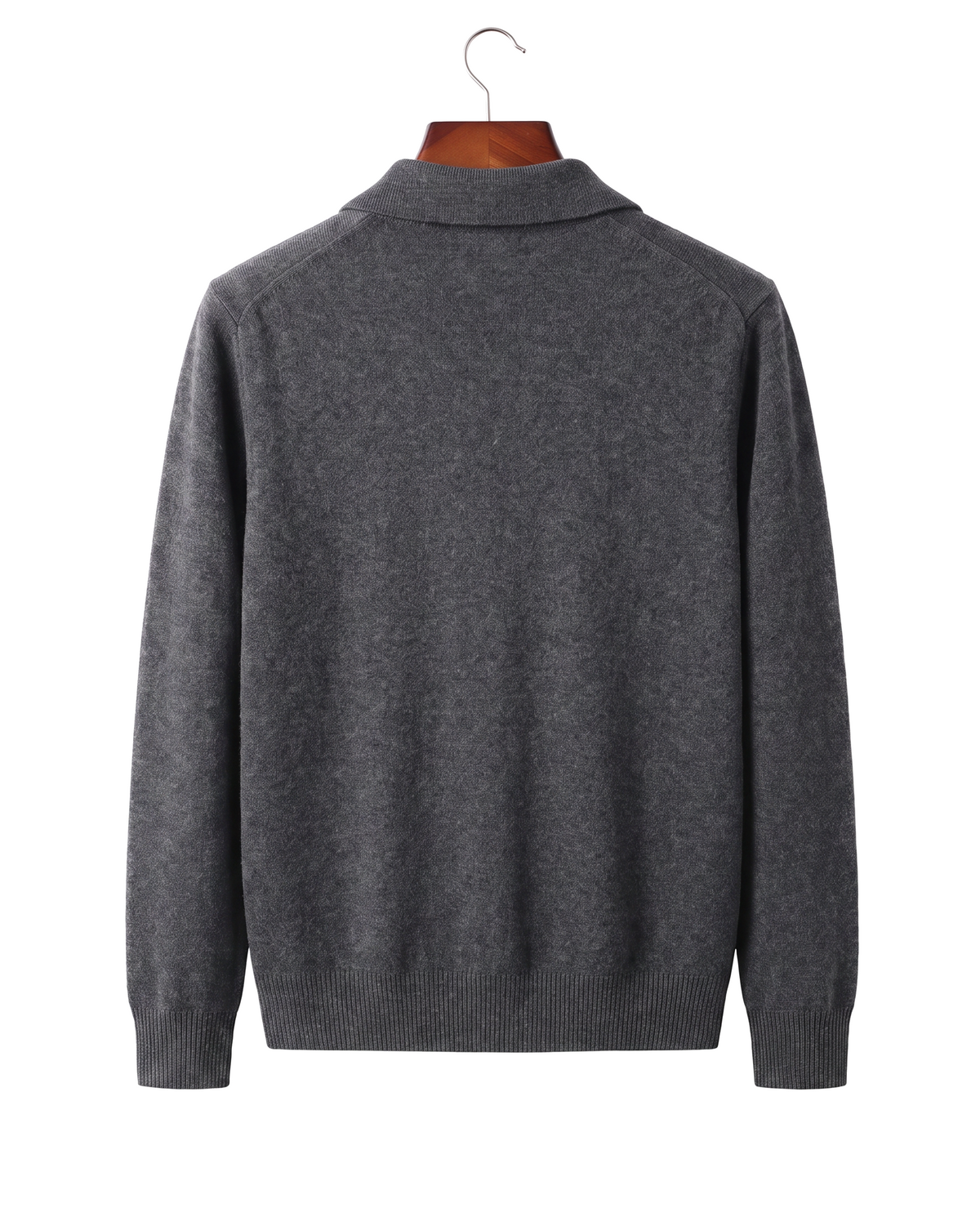 Grey cashmere full-zip cardigan, back view on hanger