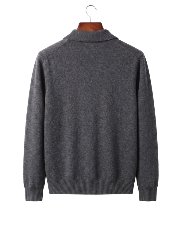 Grey cashmere full-zip cardigan, back view on hanger