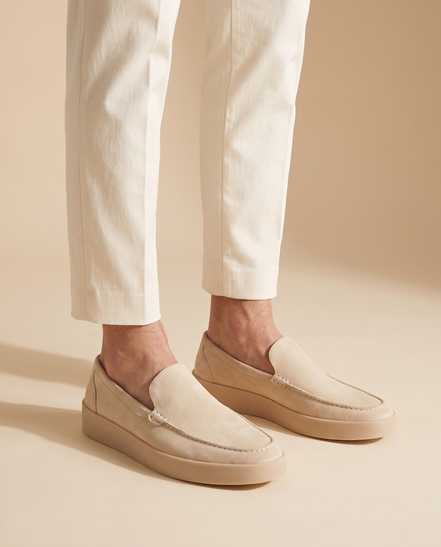 Cornwall suede loafers worn on foot