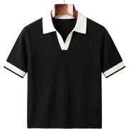 The Marlow Textured Knit Polo, black with white collar, front on hanger