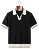 The Marlow Textured Knit Polo, black with white collar, front on hanger