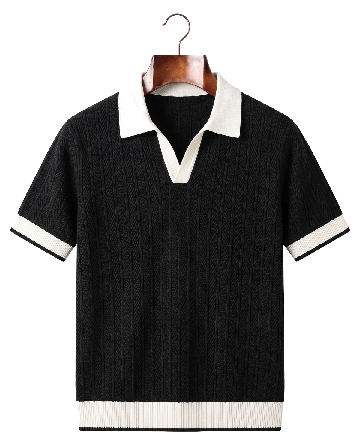 The Marlow Textured Knit Polo, black with white collar, front on hanger