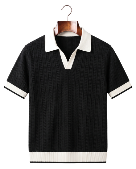 The Marlow Textured Knit Polo, black with white collar, front on hanger