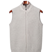 The Hartley sleeveless zip gilet, front view on a mahogany hanger