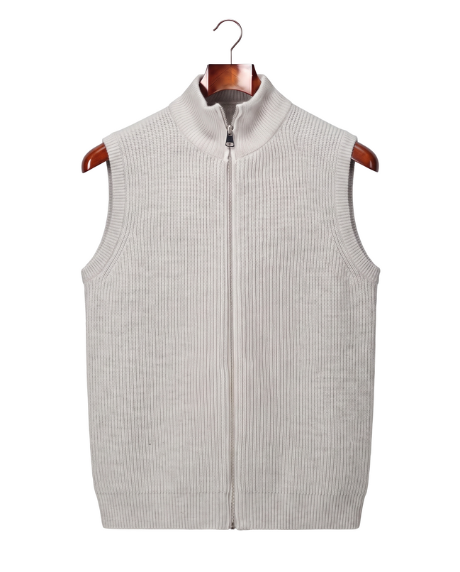 The Hartley sleeveless zip gilet, front view on a mahogany hanger